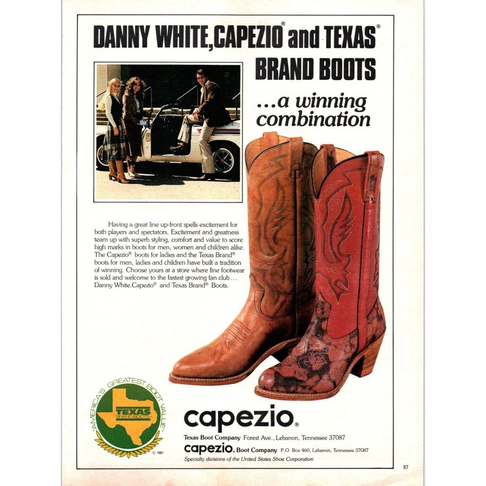 1981 Texas Boot Company Capezio Danny White Vintage Print Ad Cowboy Wall Art